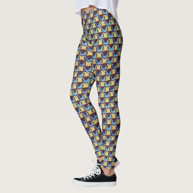 Legging Blue & Amber Abstract Geometric Grid Pattern 1310 (Esquerda)