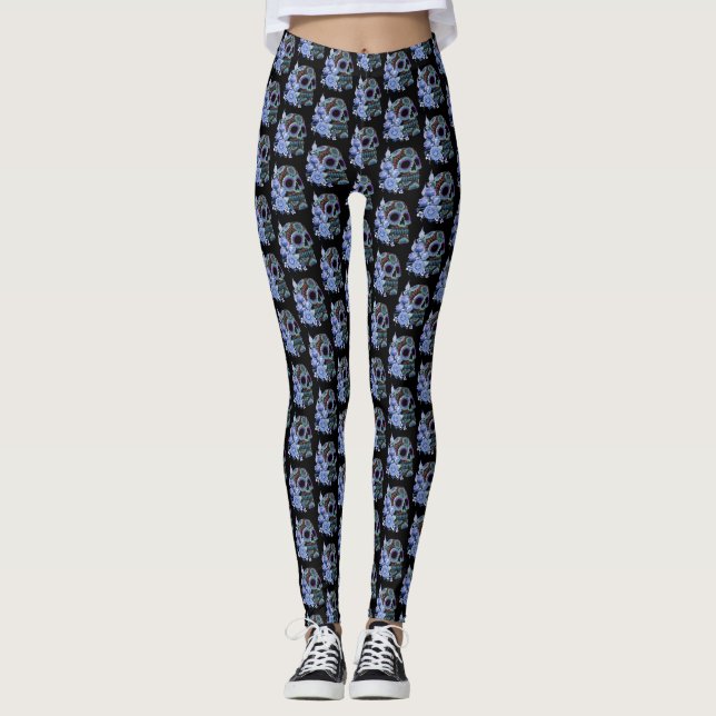Legging Blue Floral Black Sugar Skull Day Of The Dead (Frente)