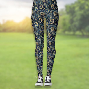 Legging Blue Gold Engrenagens Steampunk Paisley Elegante