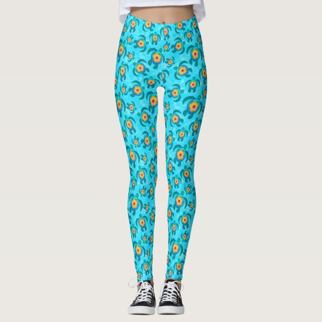 Legging Blue Honu Sea Turtles Hibiscus Flowers (Frente)