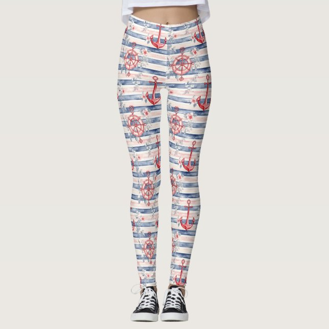 Legging Blue Red Anchors Floral Stripes Beach  (Frente)