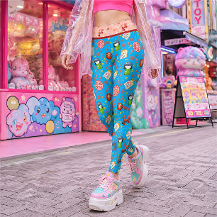 Legging Blue Retro Japonês Maneki Neko Cat e Geisha