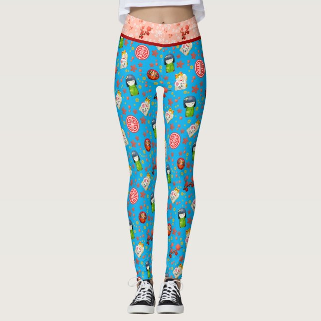 Legging Blue Retro Japonês Maneki Neko Cat e Geisha (Frente)