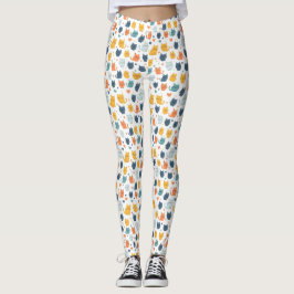 Legging Blue Yellow Orange Kawaii Whimsical Cat Pattern