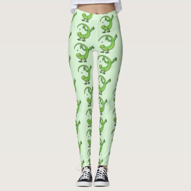 Legging Boas saudações da lagartixa verde e feliz com dese (Frente)