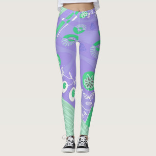 Legging Bohemian Chintz Illustração Lavanda Verde Branco