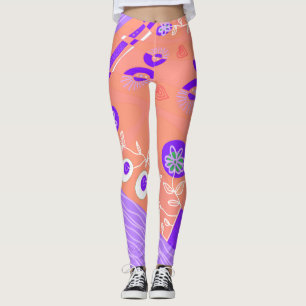 Legging Bohemian Chintz Ilustração Coral Púrpura Branco
