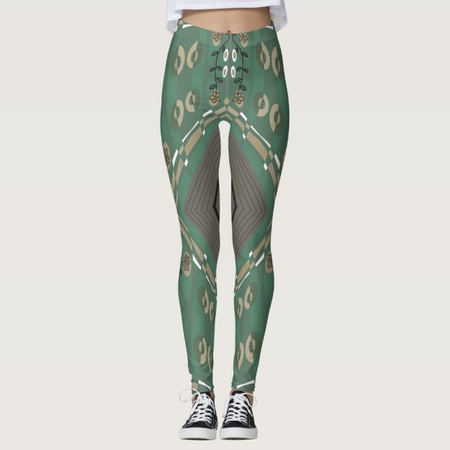 Legging Bohemian Chintz Ilustração Verde Cogumelo Branco (Frente)