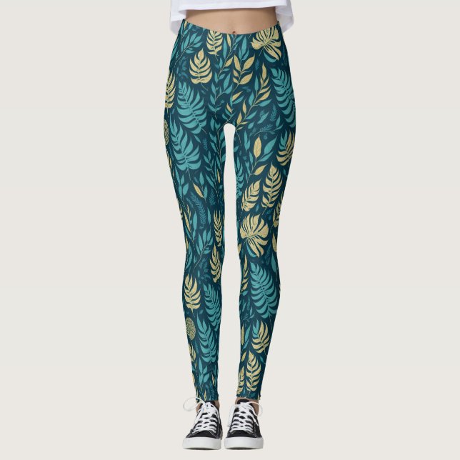 Legging Boho Azul Marinho Amarelo Folhas Botânicas Verdura (Frente)