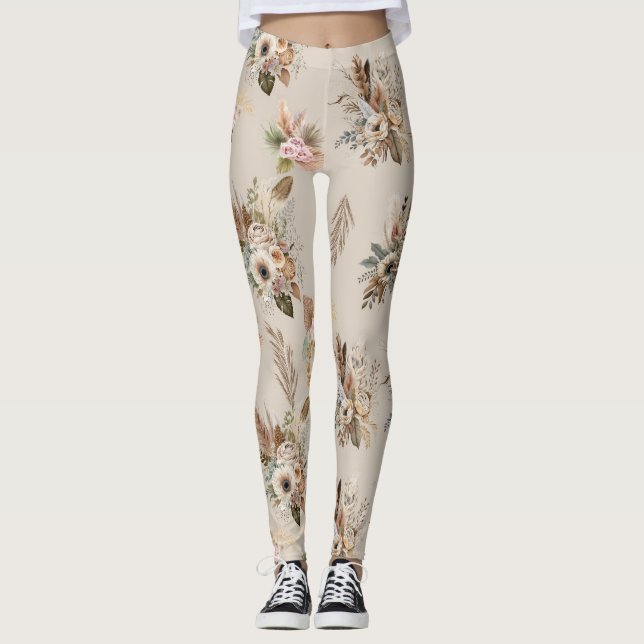 Legging Boho Bege Floral Botânico Flores Rosa Verde (Frente)