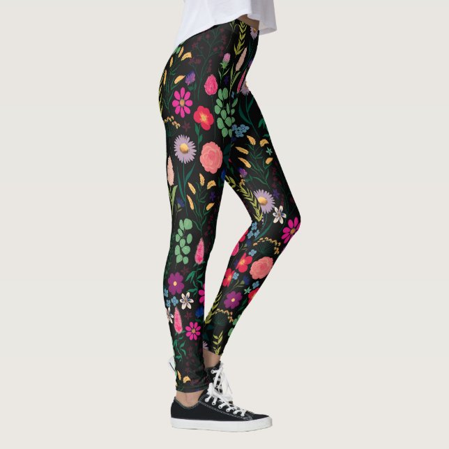 Legging Boho Botânico Flores de Aquarela Pretas (Direita)