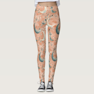 Legging Boho Celestial Floral Padrão da Lua (5)