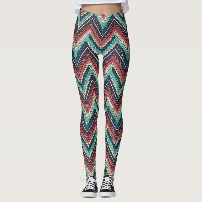 Legging Boho Chevron Pattern | Teal, Coral e Cream Zigzag (Frente)