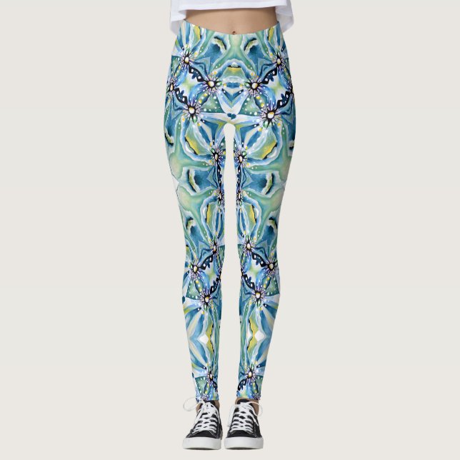 Legging Boho Floral Abstrato Patterno Artístico Azul Gren (Frente)