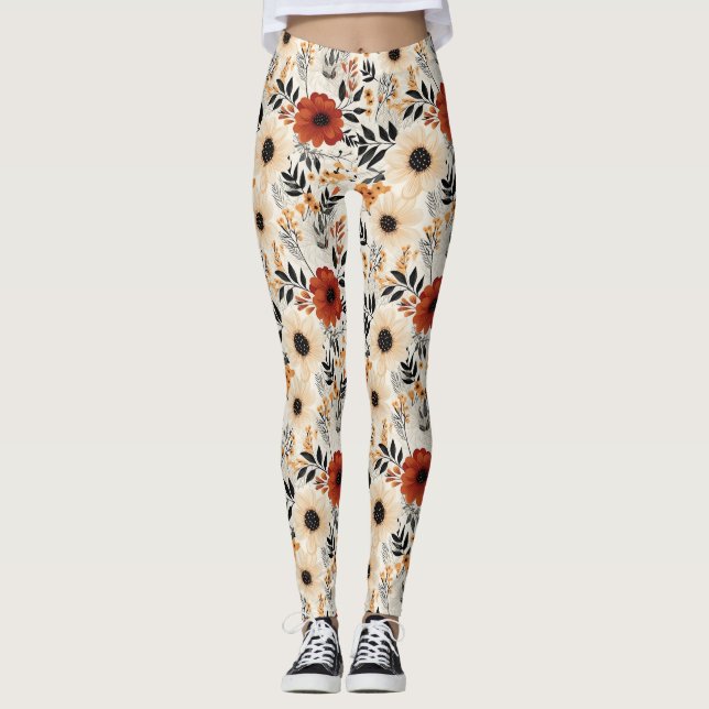 Legging Boho Floral Cuja Cor Escura Laranja Preta Creme Az (Frente)
