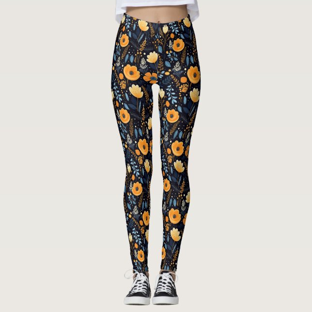 Legging Boho Floral Cuja Cor Preta é Laranja Azul (Frente)