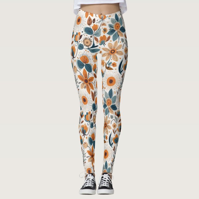 Legging Boho Folk Art Wildflower Meadow Rust Teal Floral (Frente)