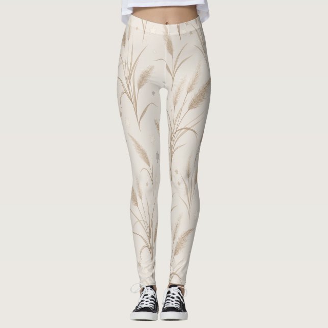 Legging Boho Grama Pampas Bege Marrom Padrão Estrela (2) (Frente)