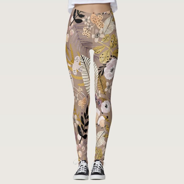 Legging Boho Preto Dourado Pêssego Branco Traçado Folha Fo (Frente)
