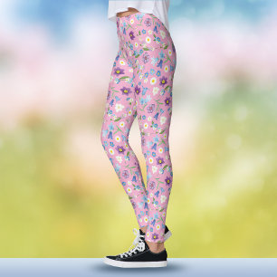 Legging Boho Primavera Azul e Roxo Floral Rosa em Aquarela
