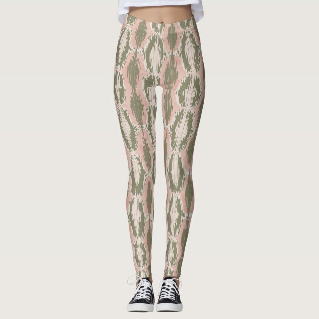 Legging Boho Rubor Rosa Padrão Ikat Oliva (Frente)