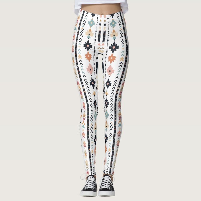 Legging Boho Tribal Aztec Vertical Stripes Cream Rust Blue (Frente)