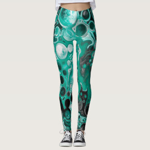 Legging Bolhas de Teal e Negra Células Digitais de Fluido 