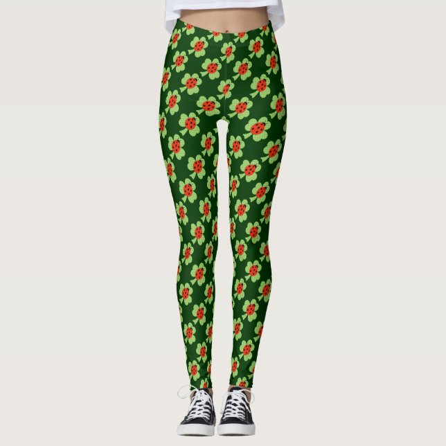 Legging Bolinhas de Shamrock Verde Padrão Ladybug Ladybird (Frente)