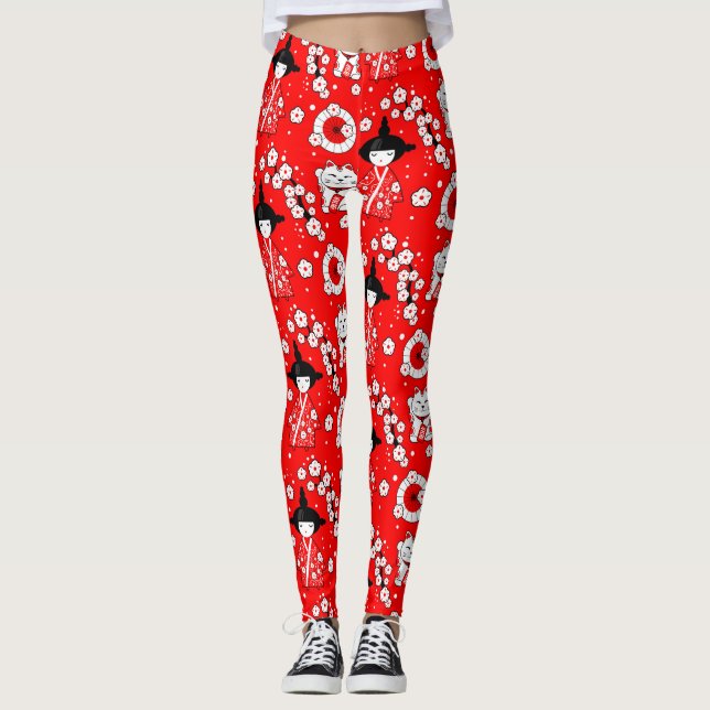 Legging Bonecos Japoneses - Gatos Kokeshi e Maneki Neko (Frente)