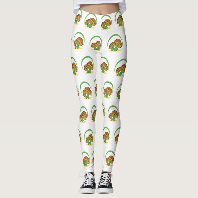 Legging Bonita Marrom Cartoon Verde Mushroom Fungi Art (Frente)