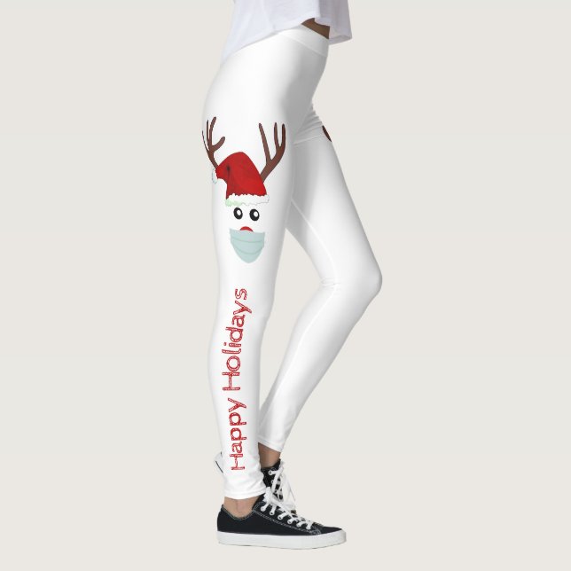 Legging Bonita Reindeer de Natal Vestindo Máscara Vermelha (Direita)