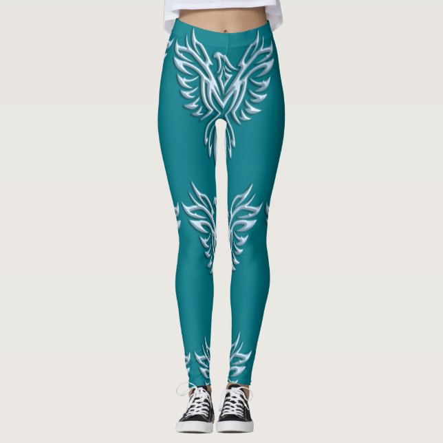 Legging Bonito aspecto metálico azul-gelo em Fênix em Teal (Frente)