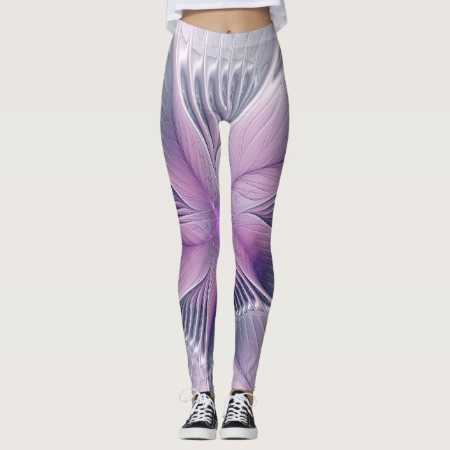 Legging Bonito Flor Rosa Moderna Abstrato de Arte Fractal (Frente)