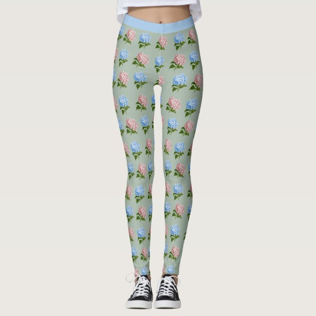 Legging Bonito Hydrangea Flores Azuis Rosa Yoga Floral (Frente)