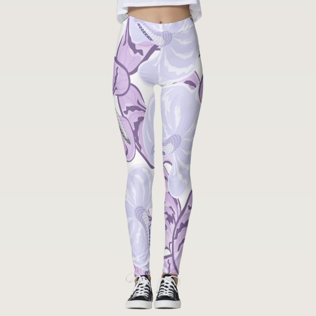 Legging Bonito jardim floral branco e roxo moderno (Frente)