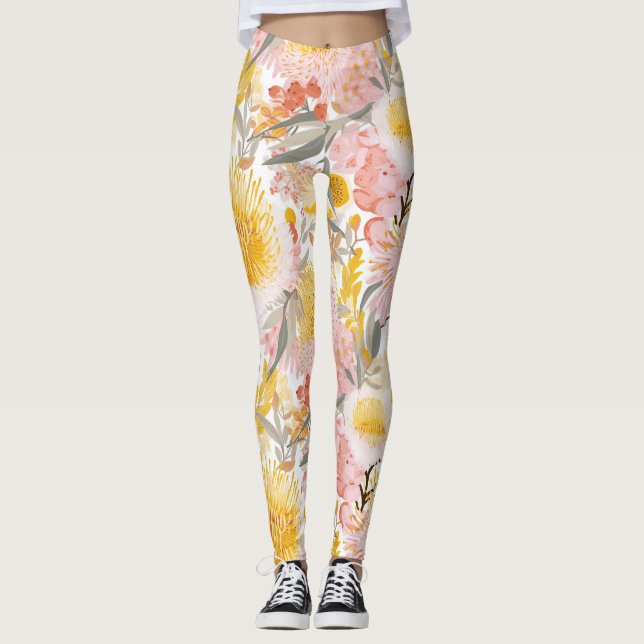 Legging Bonito padrão floral rosa e amarelo (Frente)