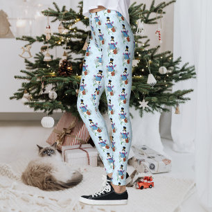 Legging Bonito Papai Noel de Inverno Azul Poinsettia Natal