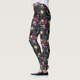 Legging Bonito Rosa e Amarelo Design Preto Floral Pequeno