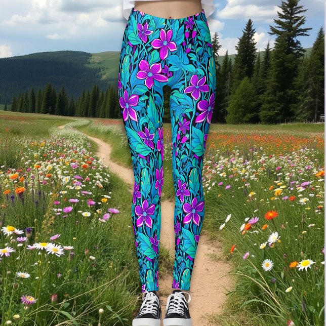 Legging Bonito Roxo e Azul Teal Floral (Criador carregado)