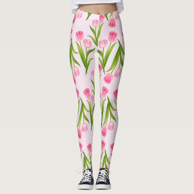 Legging Bonito Tulipas Rosa Flores Folhas Verdes (Frente)