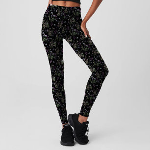 Legging Bonito Violeta Preta Ditsy Padrão FLoral Girly