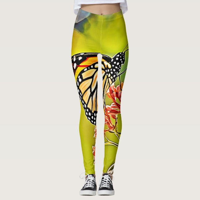 Legging Borboleta Laranja na Design do Flor Rosa (Frente)