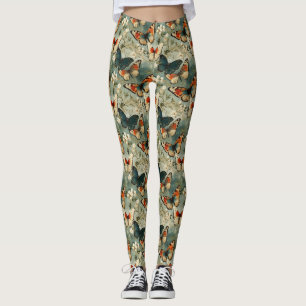 Legging Borboleta Laranja Teal Antiga Flor Branca