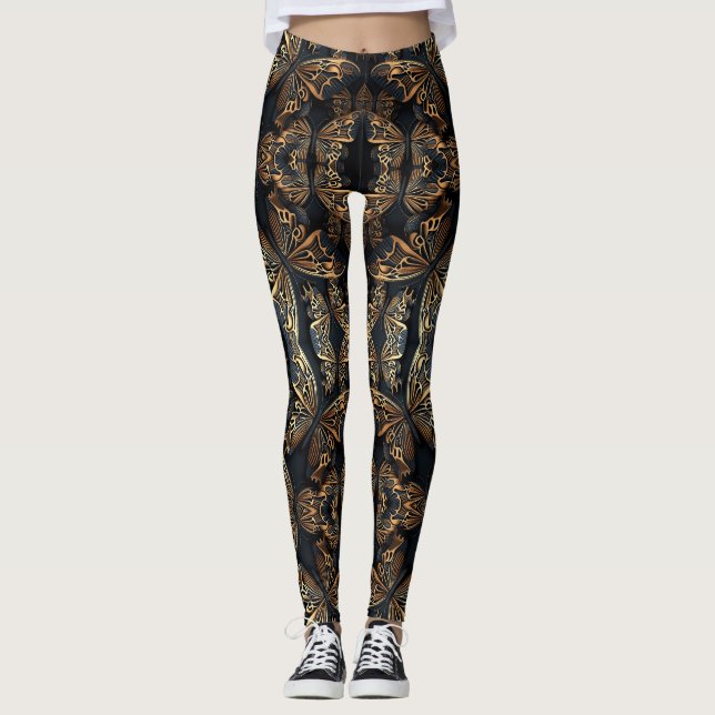 Legging Borboleta Preta e Ouro Pattren Invisível (Frente)