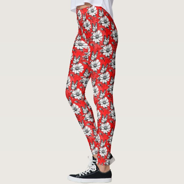 Legging Borboleta Sobre Design Vermelho Padrão De Flor (Criador carregado)