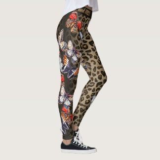Legging Borboletas coloridas de Brown e do leopardo preto