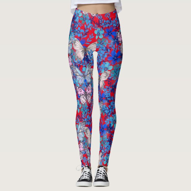 Legging Borboletas Coloridas Elegantes Flores em Vermelho (Frente)