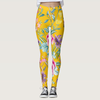 Legging Borboletas de comida, aves flores amarelas