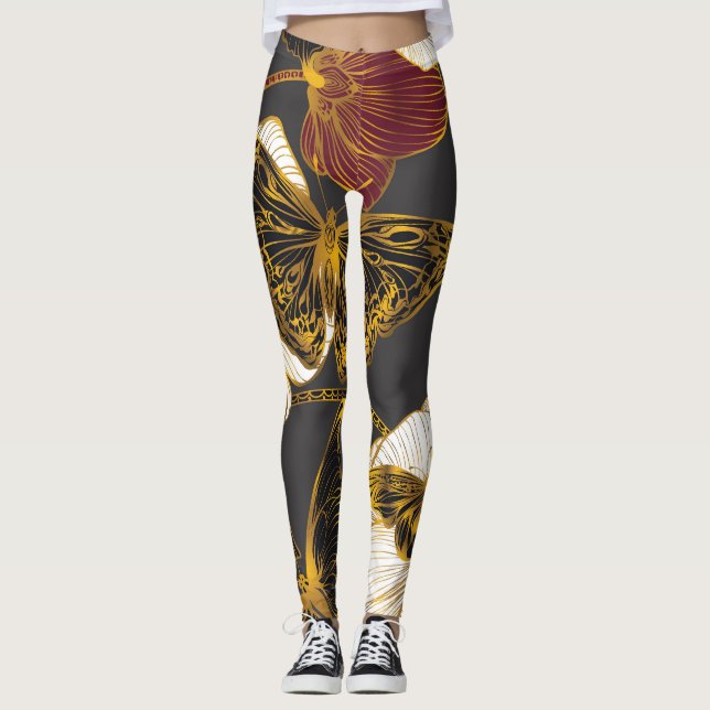 Legging Borboletas e flores: padrão de Primavera Boho (Frente)