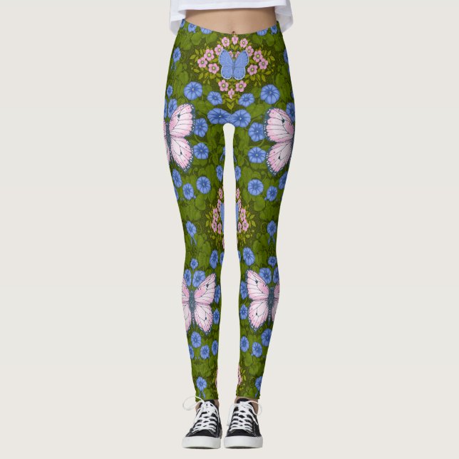 Legging Borboletas e flores simetria, azul e rosa (Frente)